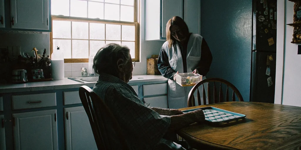 Senior reviewing an organized medication routine with a caregiver