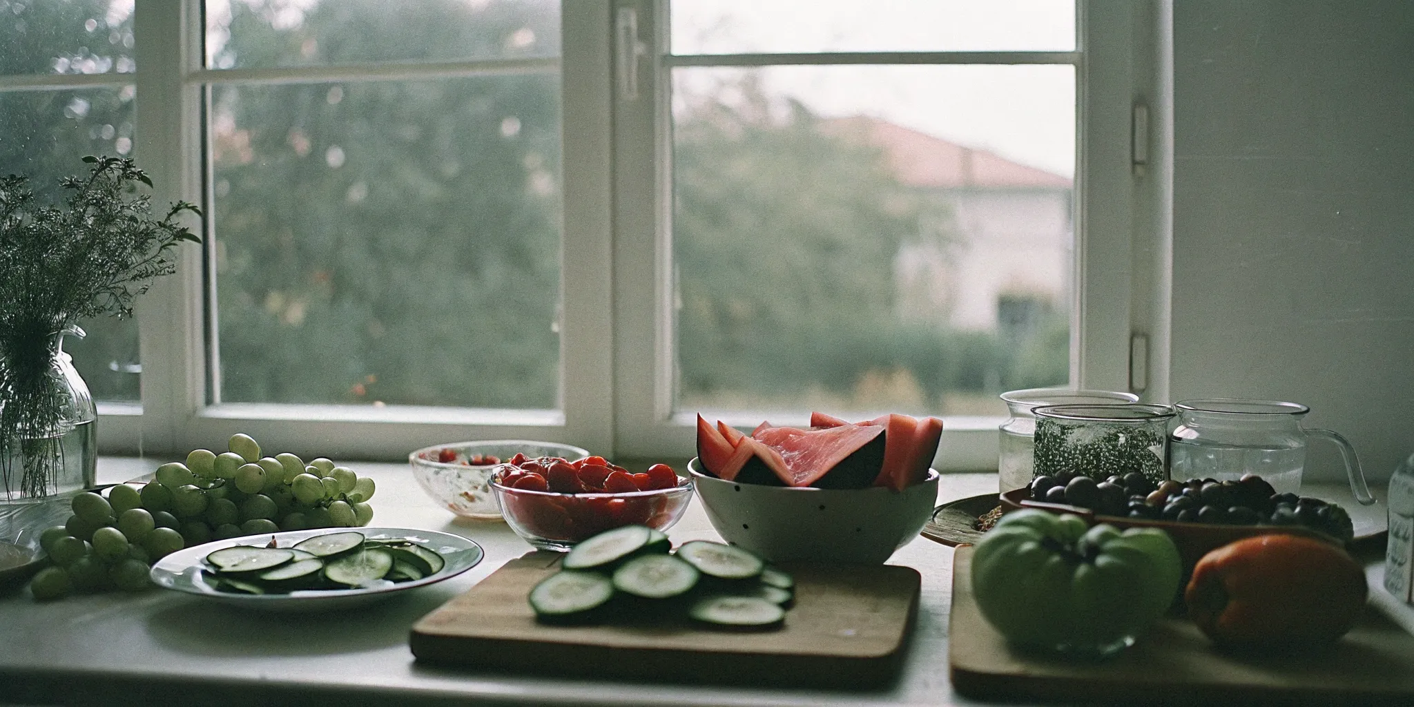 A colorful selection of hydrating foods for seniors including sliced watermelon, fresh berries, and cucumbers on a table.