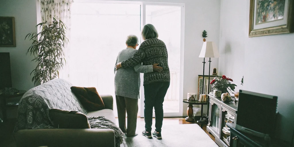 Professional caregiver gently supporting a senior woman walking safely through a bright living room