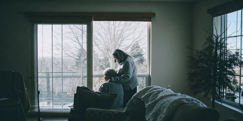Compassionate caregiver assisting a senior woman in a bright, warm Aurora Colorado home