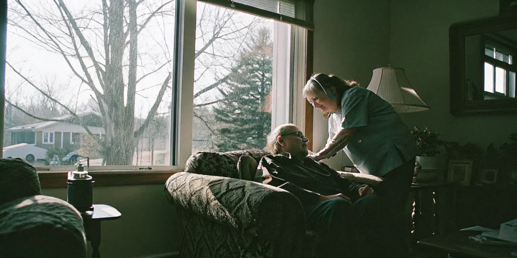 Home caregiver assisting an elderly veteran in a sunlit living room