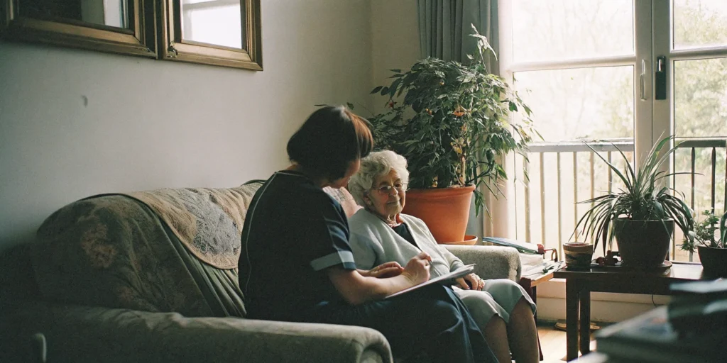 Caregiver sitting with an elderly woman on a sofa in a bright living room, warm natural light