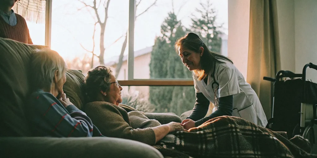 Healthcare professional speaking with a senior and adult family member in a warm living room