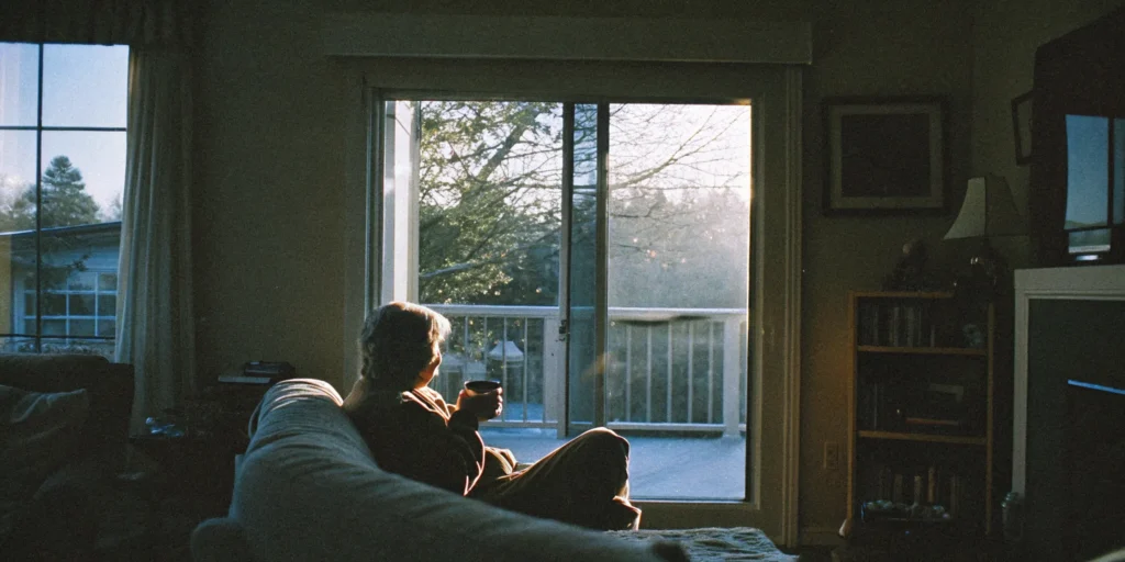 A family caregiver sitting peacefully in a sunlit living room, holding a cup of tea in a calm home setting