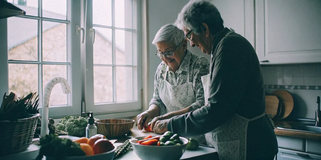 A caring home care companion preparing a nutritious meal with a smiling older adult in a bright home kitchen.