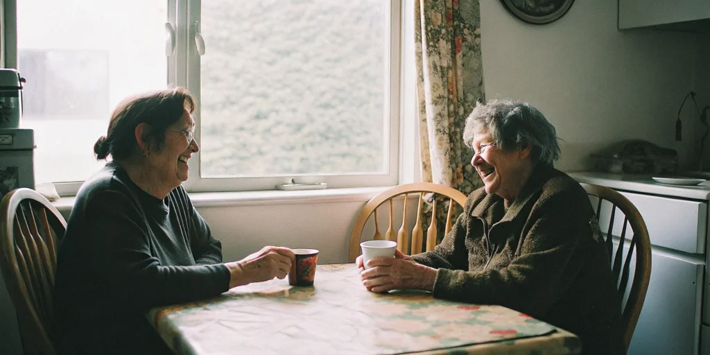 Companion caregiver chatting with a smiling senior woman at home in Aurora, reducing loneliness