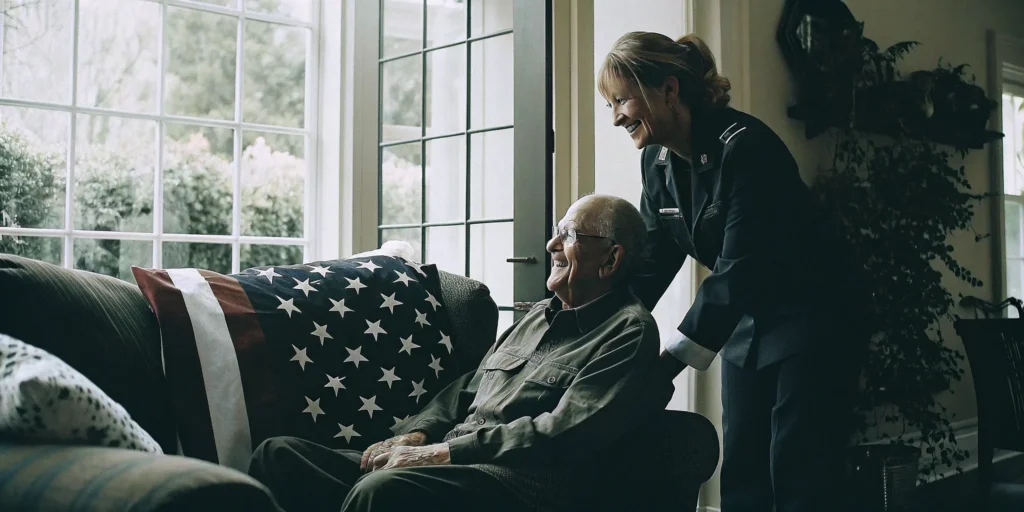 A caregiver gently assisting an older military veteran at home in a bright living room