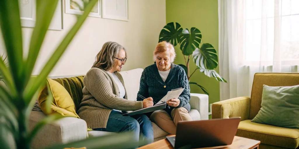 Two women review what long term care insurance covers for home care.
