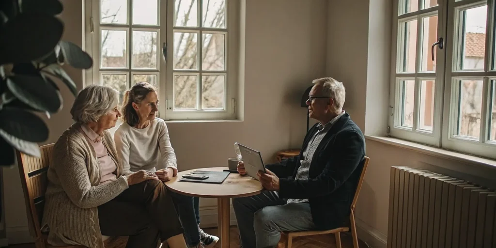 A care professional discusses Alzheimer's & dementia services with a family at home.