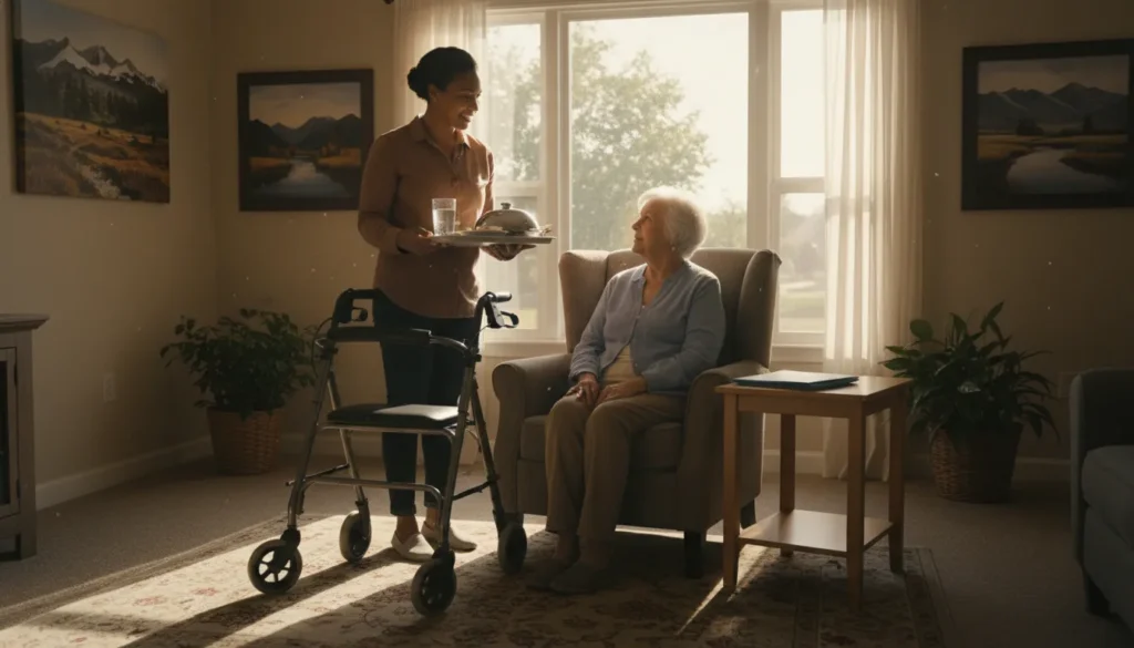 Caregiver supporting a senior at home after hospital discharge in Aurora CO
