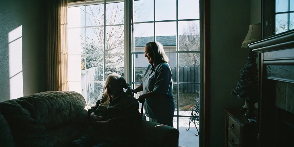 Professional caregiver spending time with a senior woman at home while discussing home care Aurora support