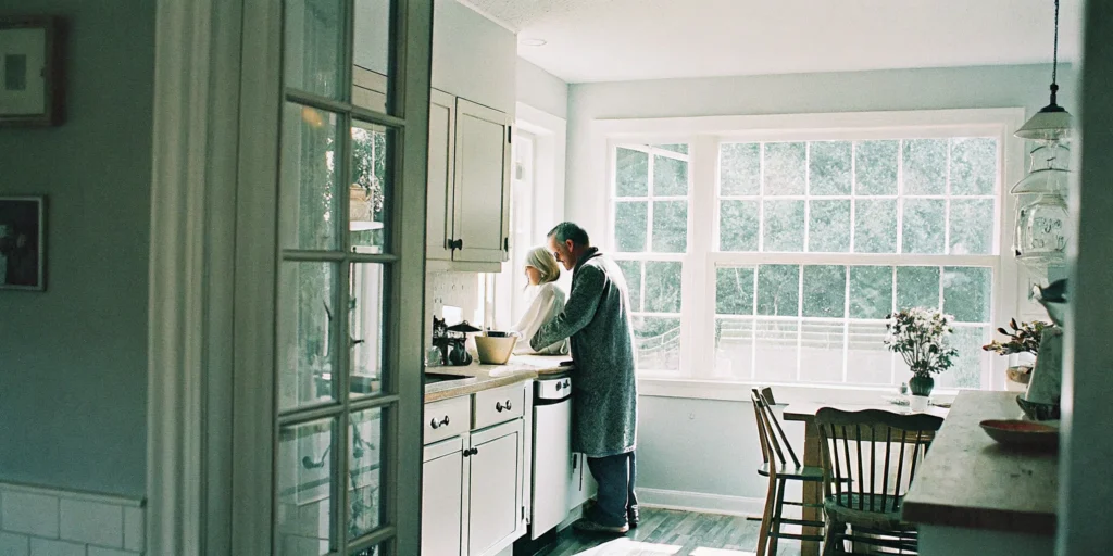 A caregiver gently assists an elderly woman with her morning routine in a bright kitchen, emphasizing dignity and compassionate care