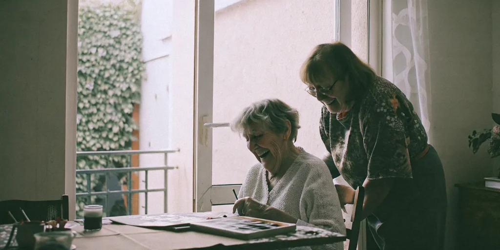 Senior woman painting at a table with a compassionate caregiver beside her in a bright home setting