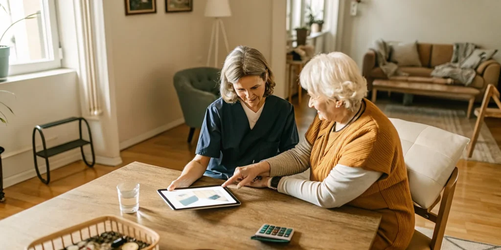 Two women calculating the cost of private pay home care with a tablet and calculator.