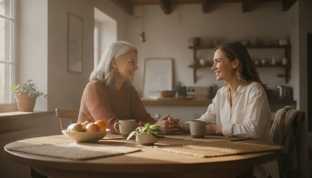 Older adult and family caregiver comparing daytime care options at home
