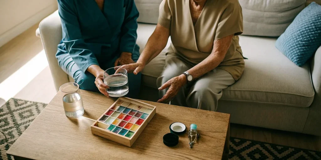 A caregiver provides at-home care for an Alzheimer's patient with a calming art activity.