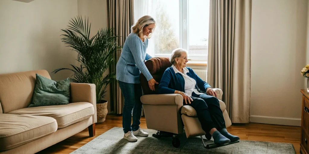 A caregiver safely handles a parent's dementia aggression with a calm and comforting approach.