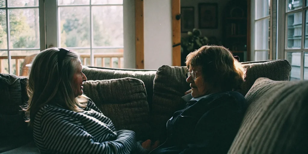Adult daughter having a calm conversation with her aging mother at home