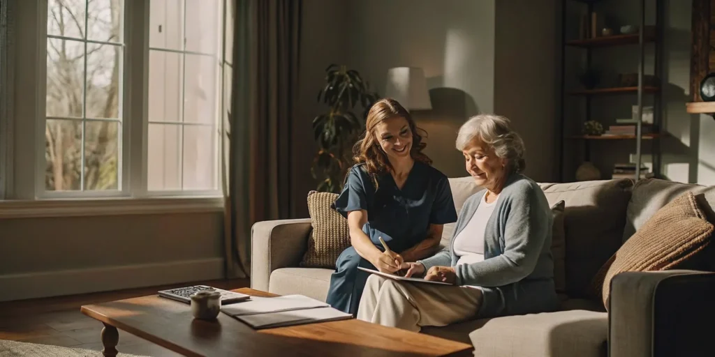Caregiver helping a senior woman plan for the cost of live in care.
