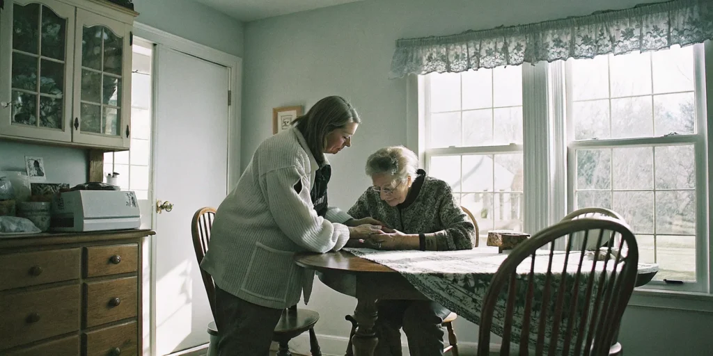 Caregiver helping a senior woman check her blood sugar at the kitchen table