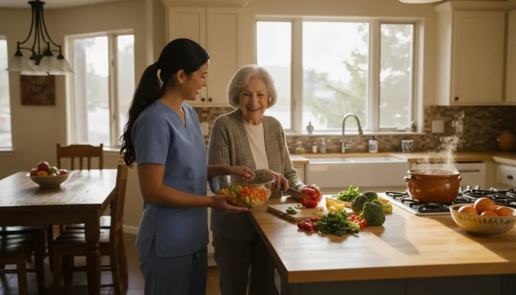 Caregiver helping with meal preparation for seniors Aurora CO