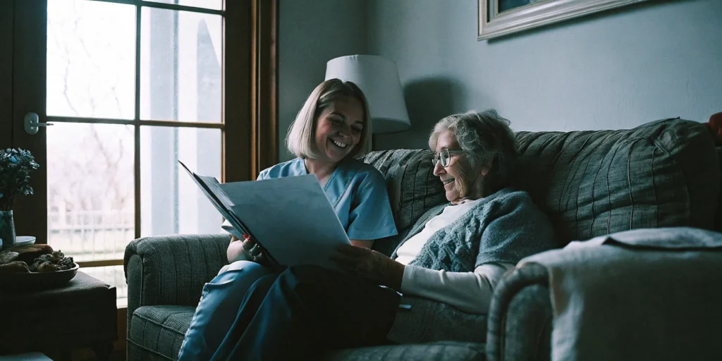 A Registered Nurse reviewing a care plan with an elderly woman at home.