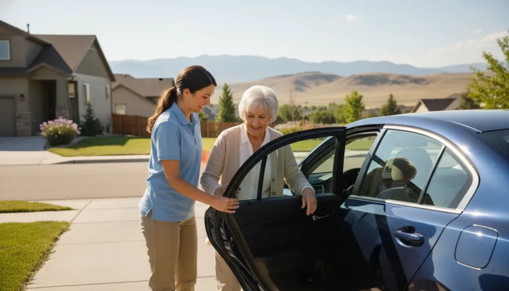 Caregiver helping an older adult into a car for senior transportation in Aurora