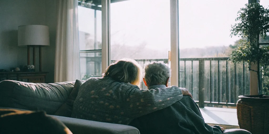 Caregiver supporting an older adult experiencing sundowning dementia at home