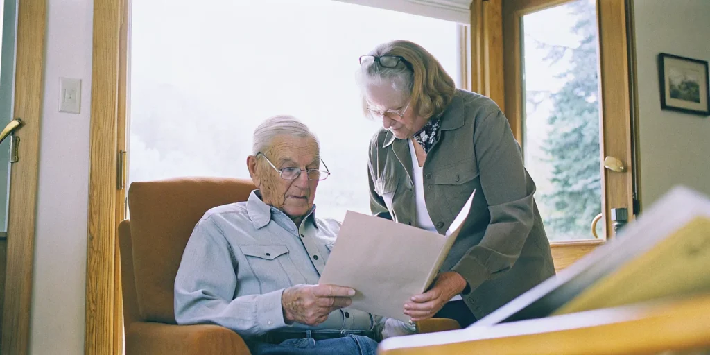 Colorado veteran reviewing benefit paperwork with a caregiver