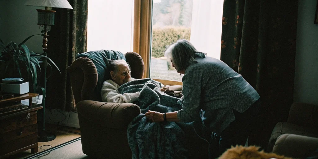Elderly veteran receiving gentle assistance from a caregiver in a cozy living room