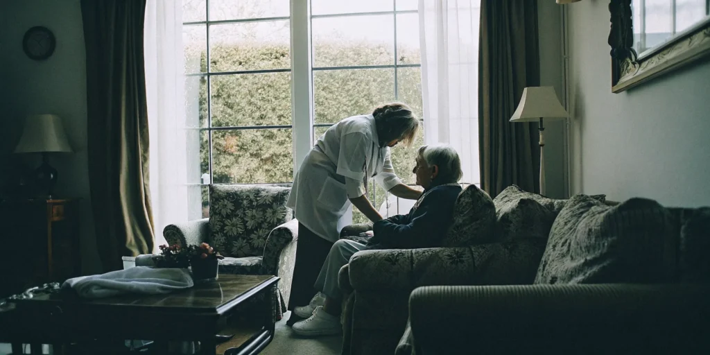 Certified nursing assistant supporting an older adult at home