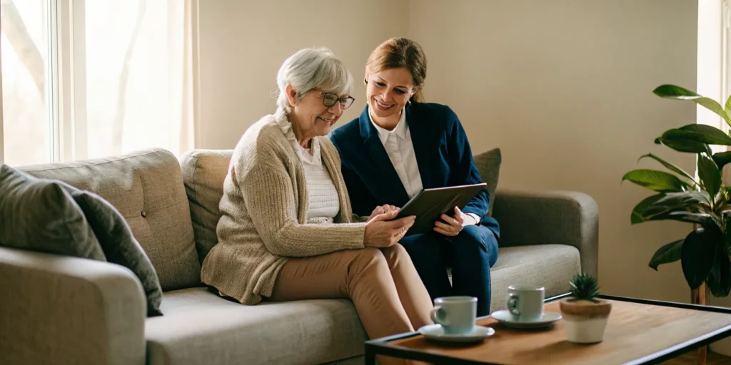 A companion for the elderly provides social support, helping a senior woman use a tablet on the couch.