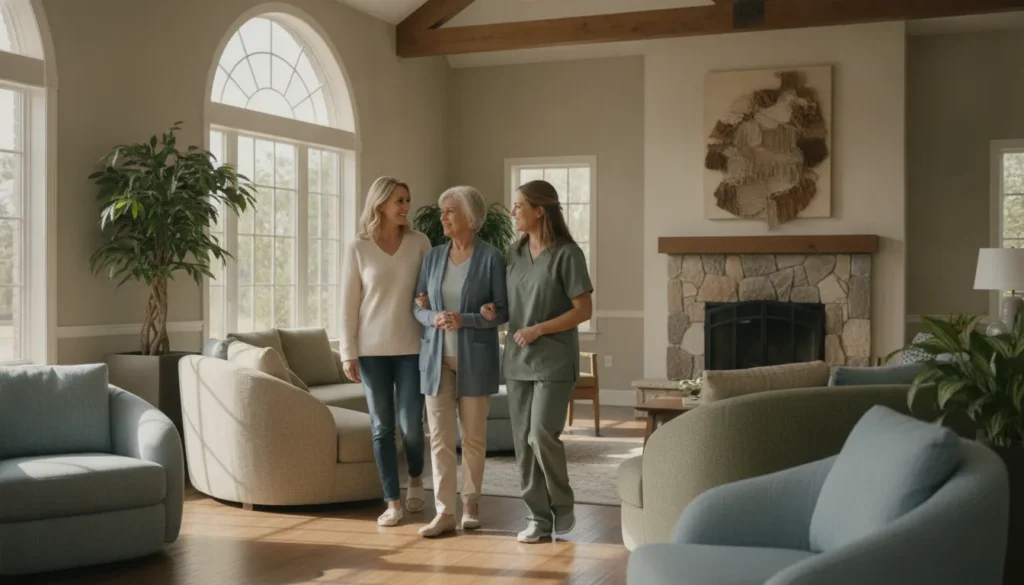Family touring a bright memory care community with a care coordinator
