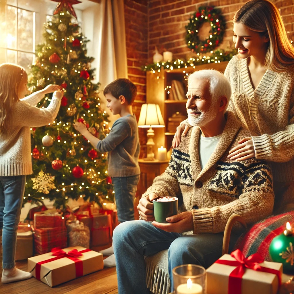 Family with elderly family member and care giver