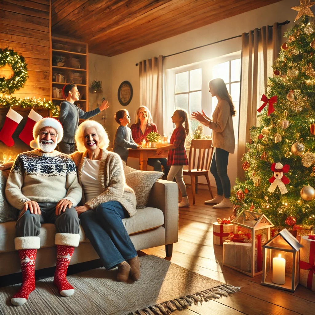 Family sitting around with their senior loved on by a christmas tree