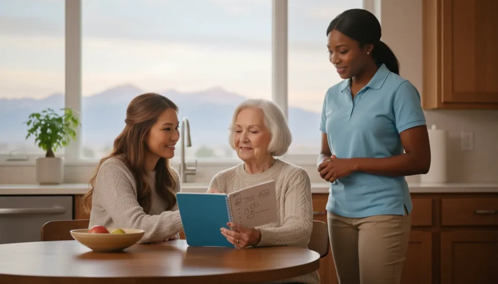 Family reviewing in home senior care costs in Aurora with a caregiver